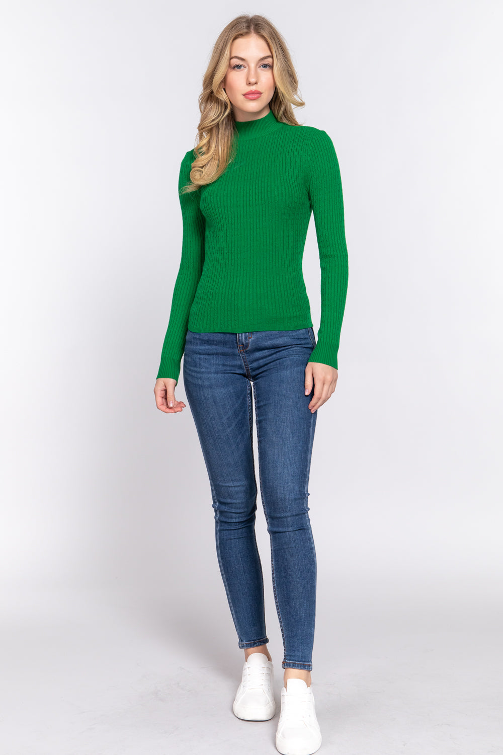Women's Long Sleeve Mock Neck Rib Soft Sweater - Green