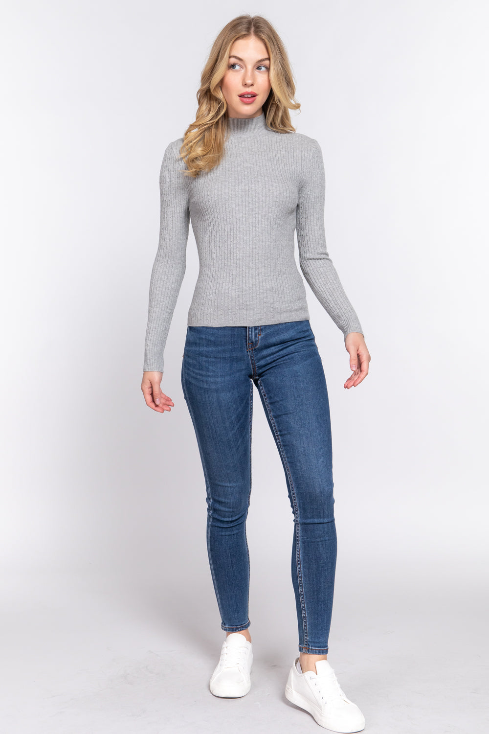 Women's Long Sleeve Mock Neck Rib Soft Sweater - Heather Grey