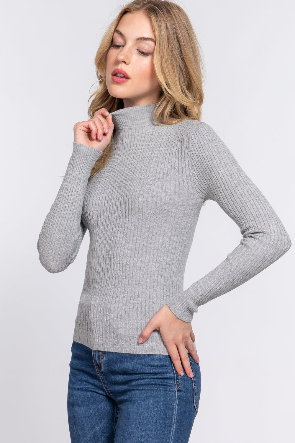 Women's Long Sleeve Mock Neck Rib Soft Sweater - Heather Grey