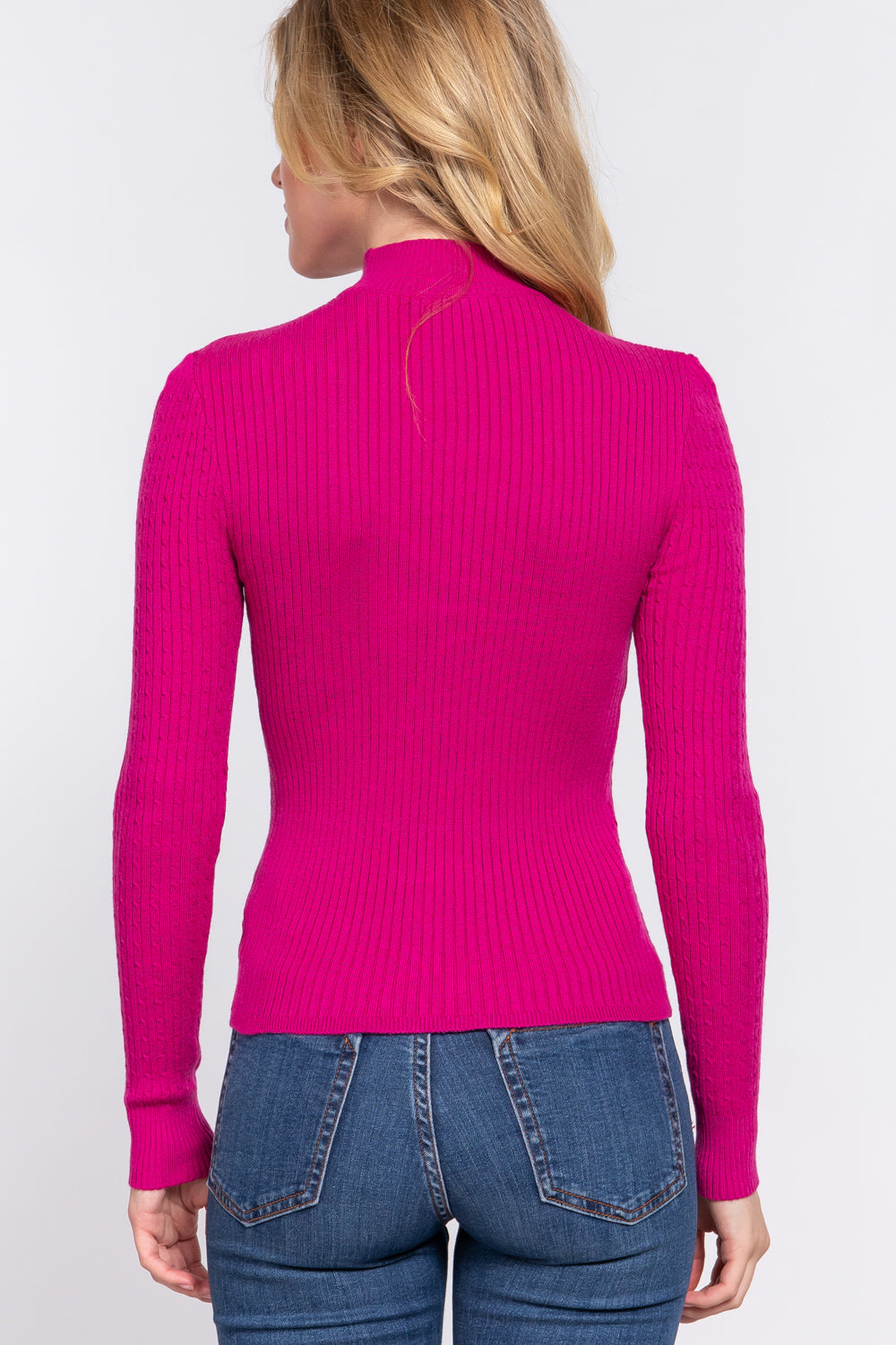 Women's Long Sleeve Mock Neck Rib Soft Sweater - Magenta