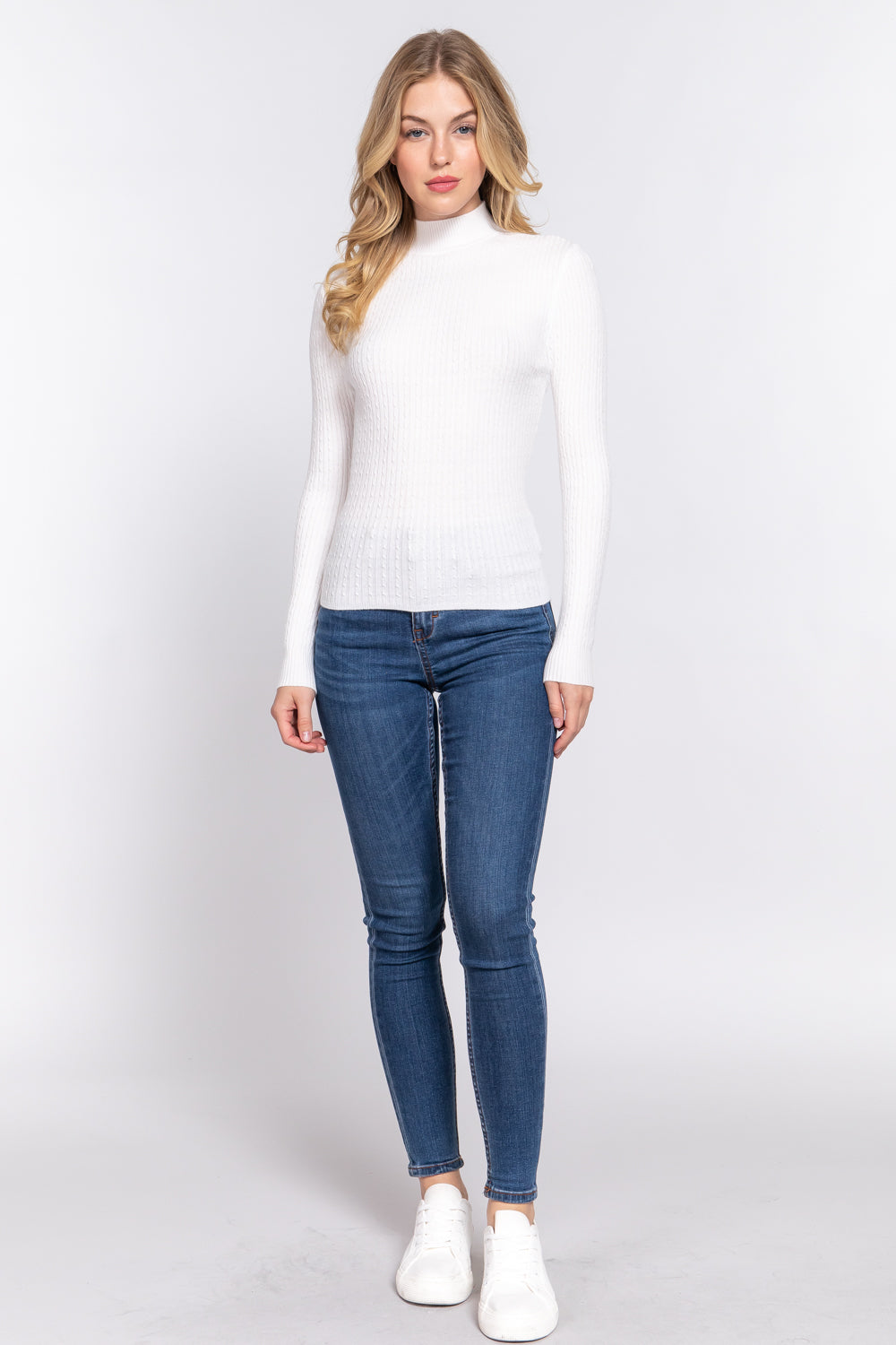 Women's Long Sleeve Mock Neck Rib Soft Sweater - Off White