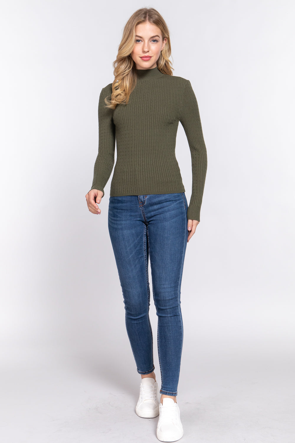 Women's Long Sleeve Mock Neck Rib Soft Sweater - Olive Green
