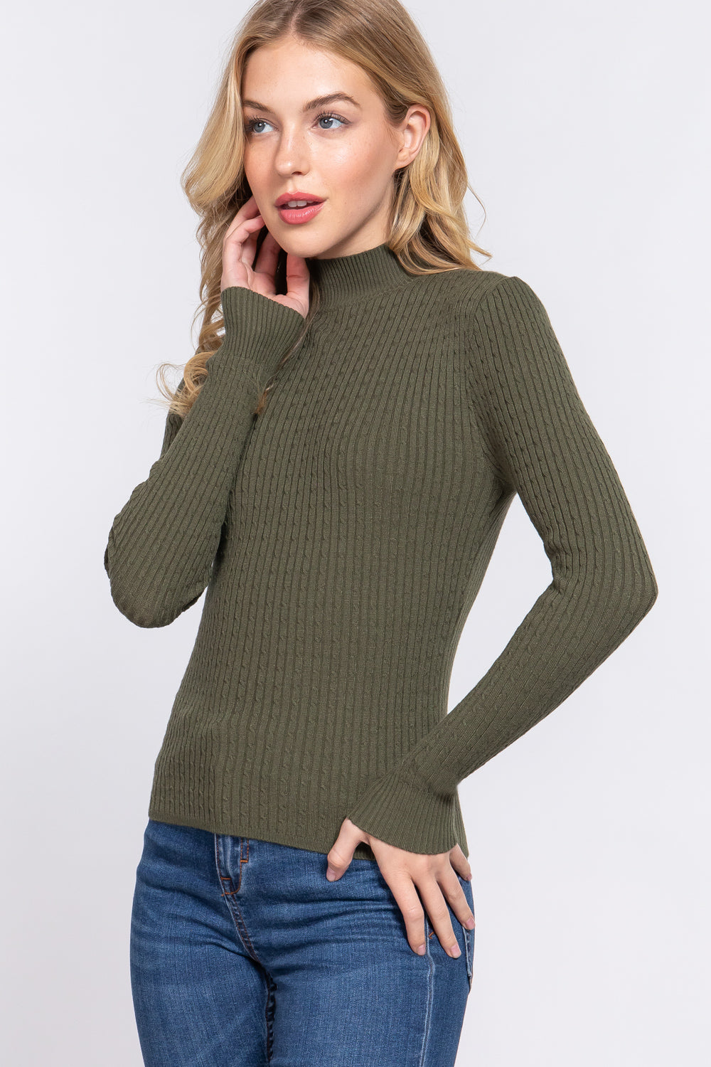 Women's Long Sleeve Mock Neck Rib Soft Sweater - Olive Green