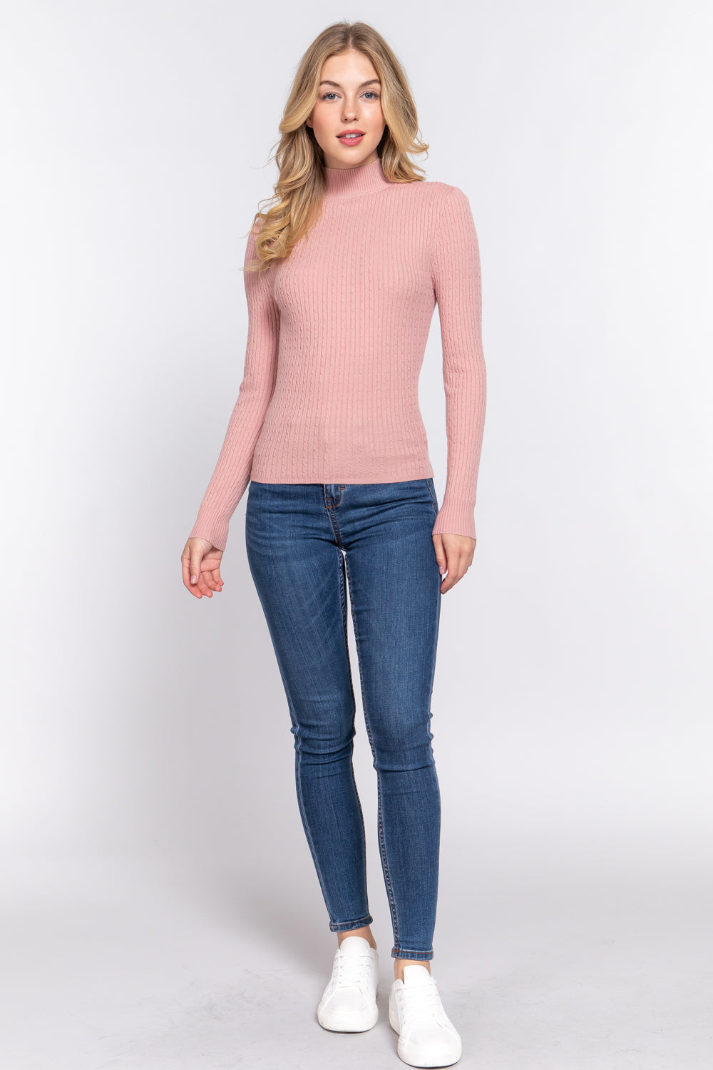 Women's Long Sleeve Mock Neck Rib Soft Sweater - Pink