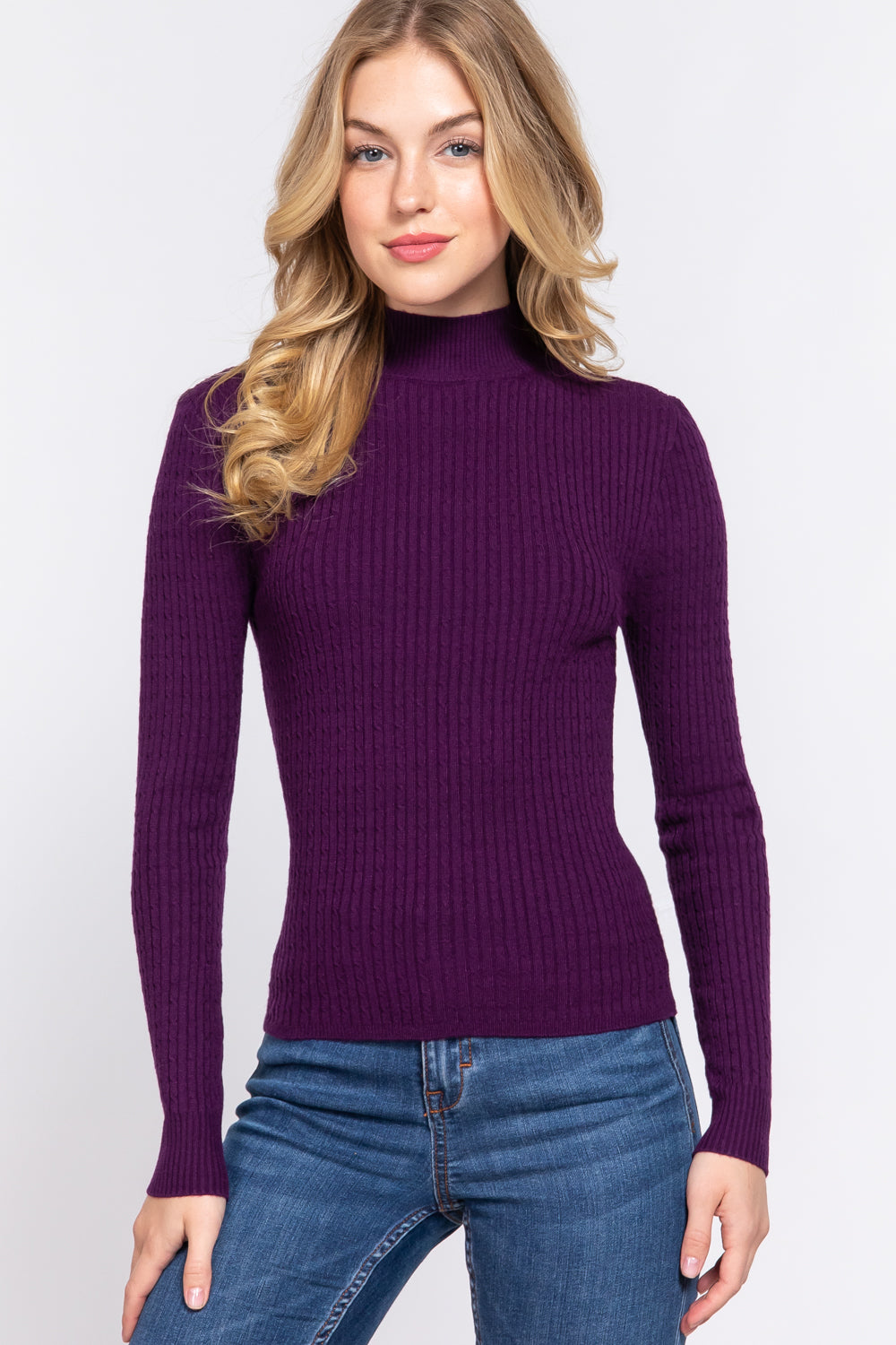 Women's Long Sleeve Mock Neck Rib Soft Sweater - Purple