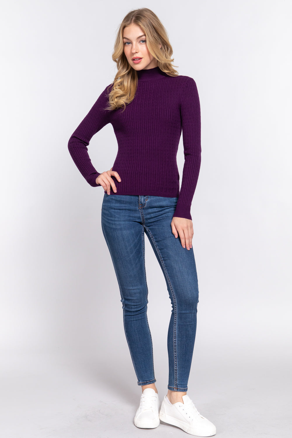 Women's Long Sleeve Mock Neck Rib Soft Sweater - Purple