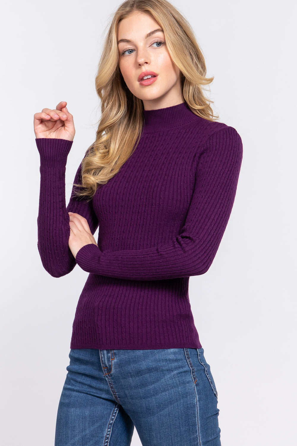 Women's Long Sleeve Mock Neck Rib Soft Sweater - Purple