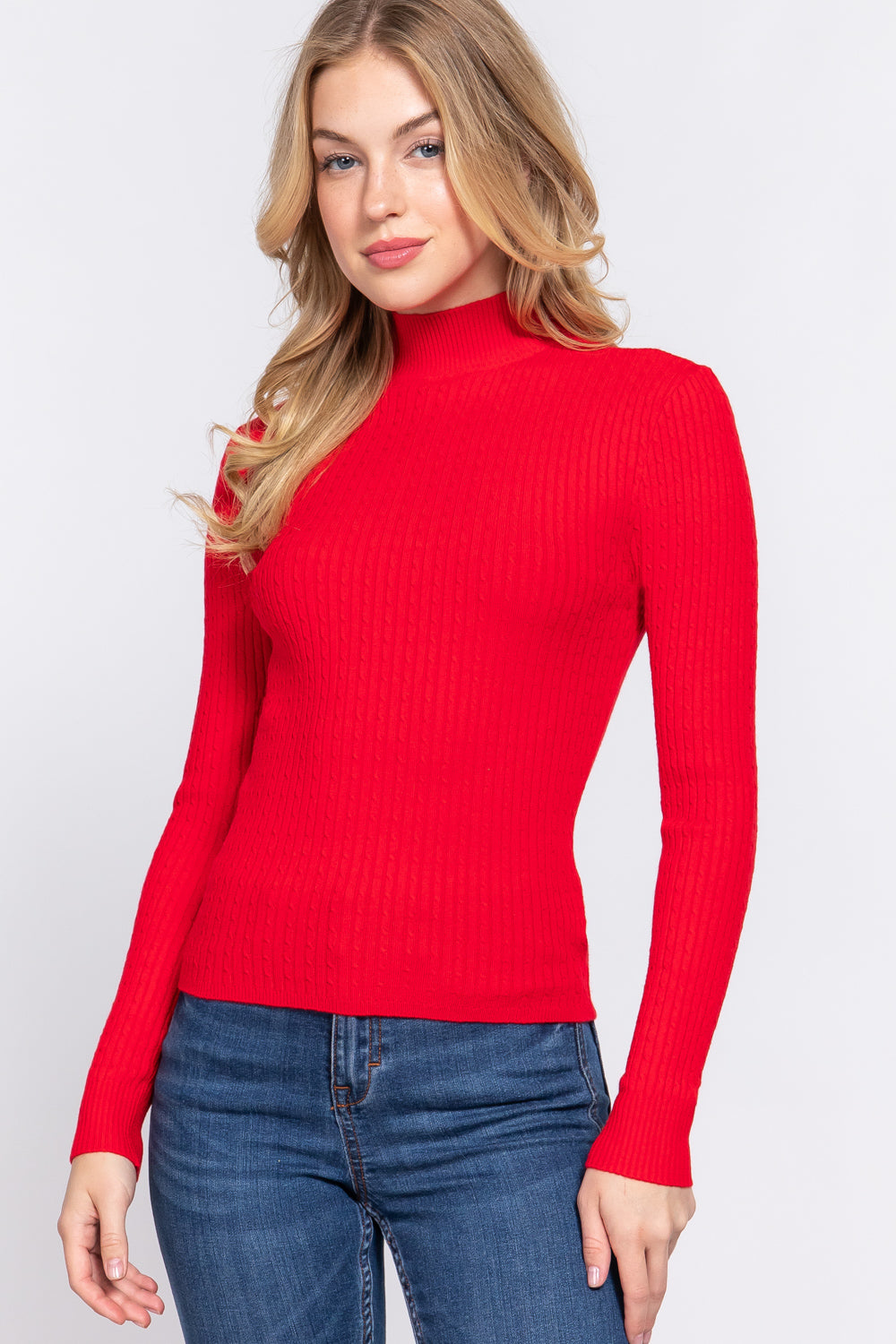 Women's Long Sleeve Mock Neck Rib Soft Sweater - Red