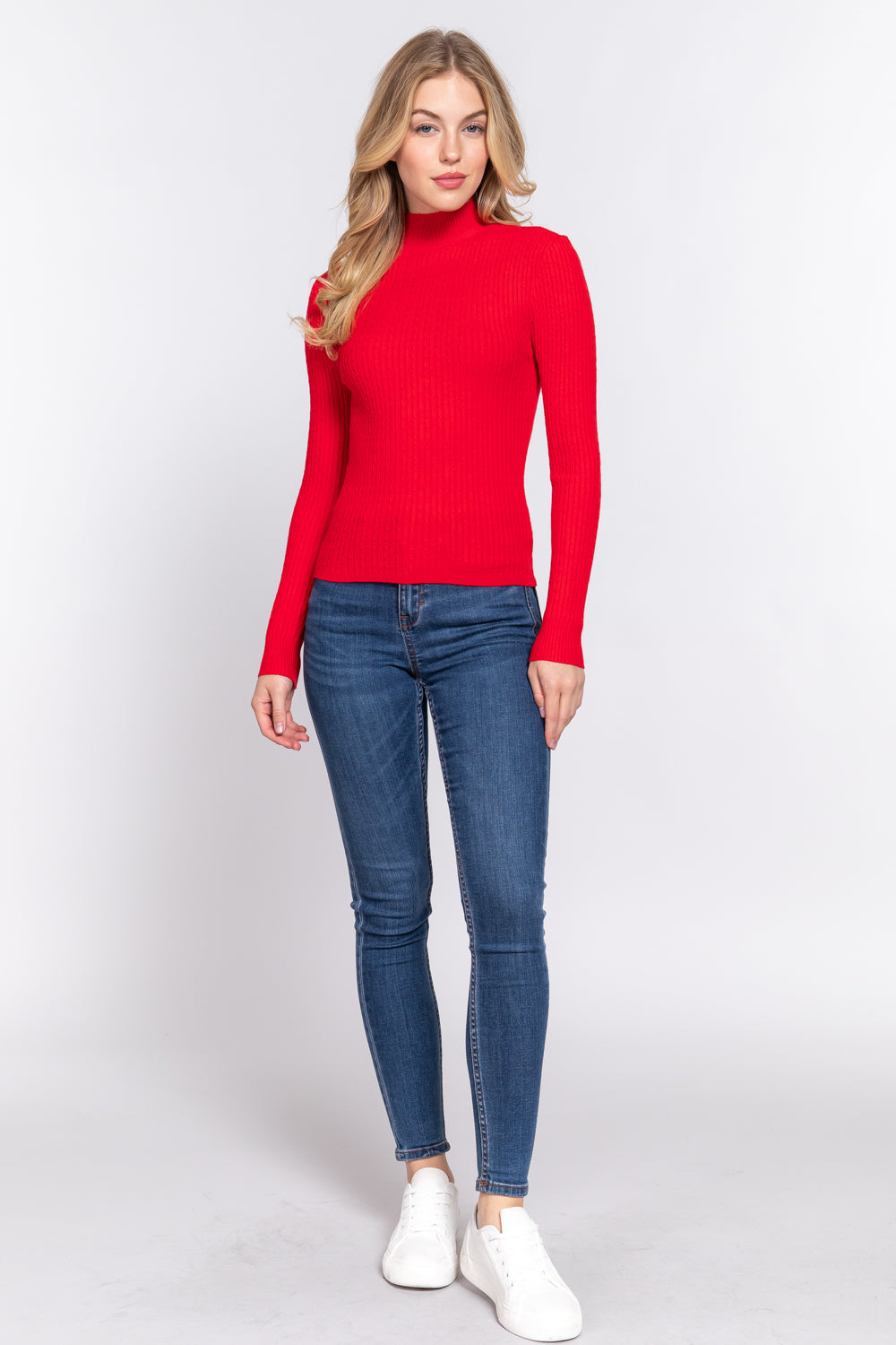 Women's Long Sleeve Mock Neck Rib Soft Sweater - Red