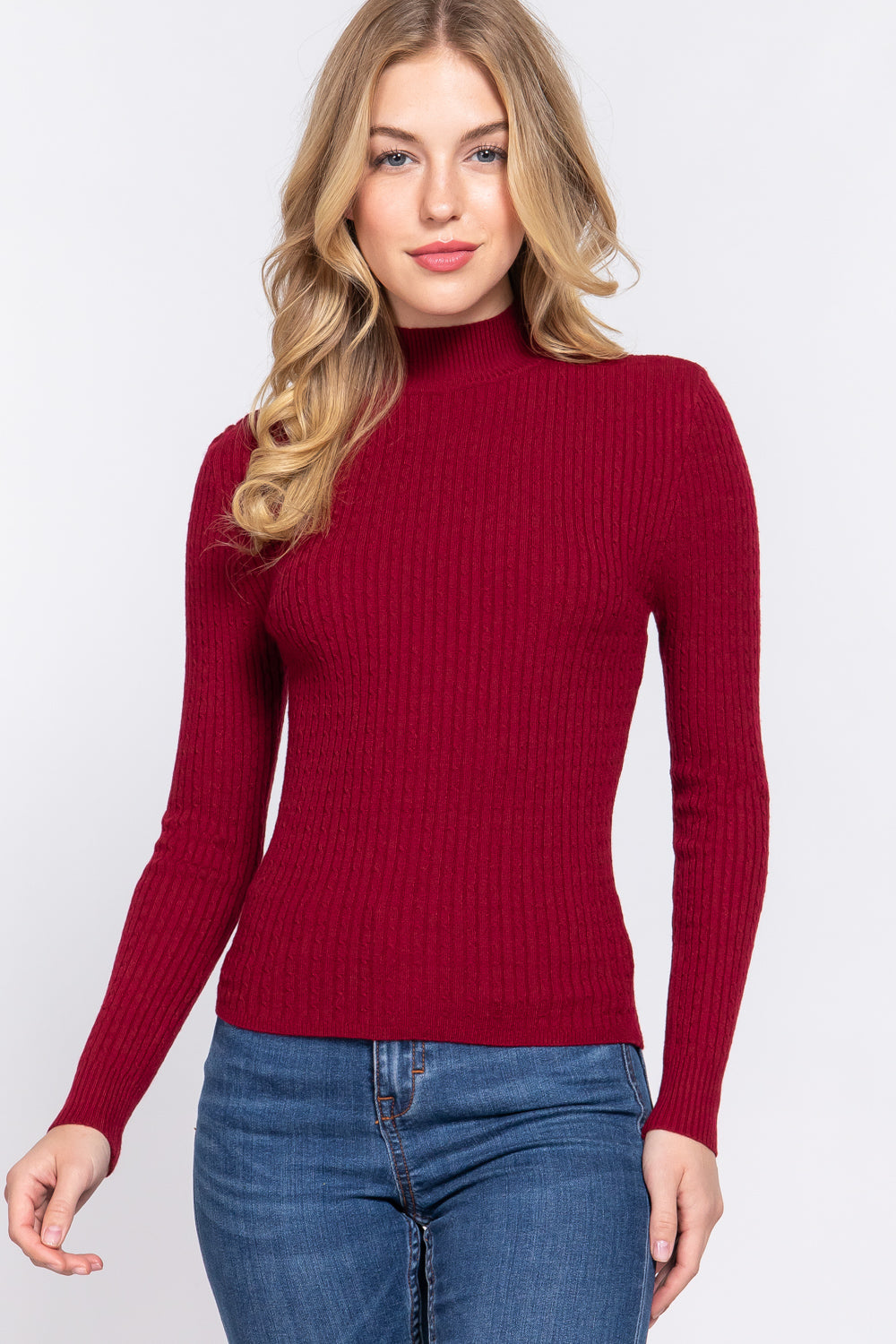 Women's Long Sleeve Mock Neck Rib Soft Sweater - Wine