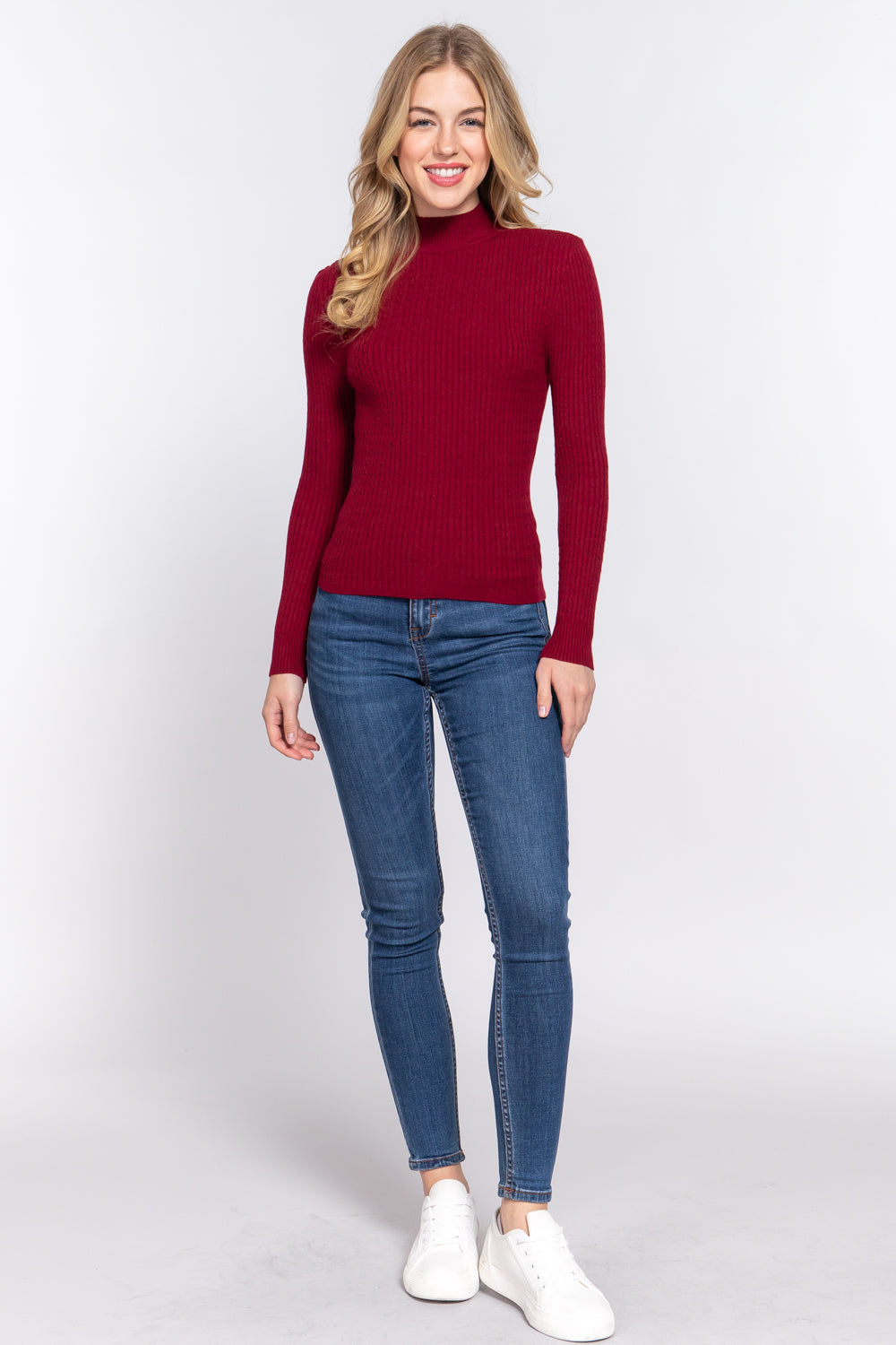 Women's Long Sleeve Mock Neck Rib Soft Sweater - Wine