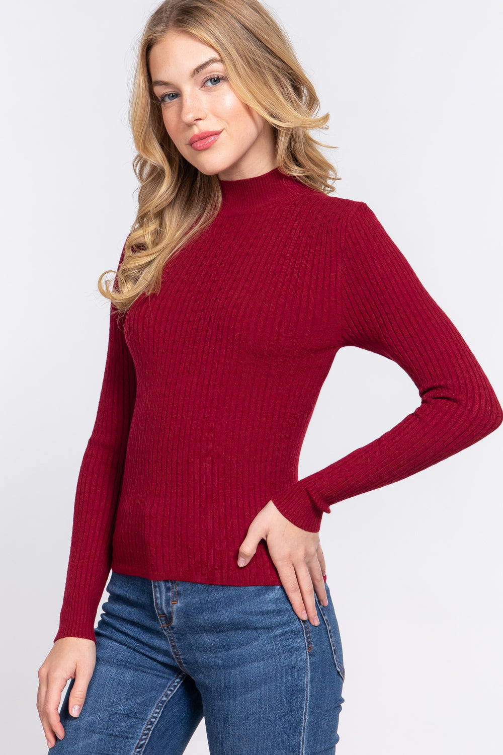 Women's Long Sleeve Mock Neck Rib Soft Sweater - Wine