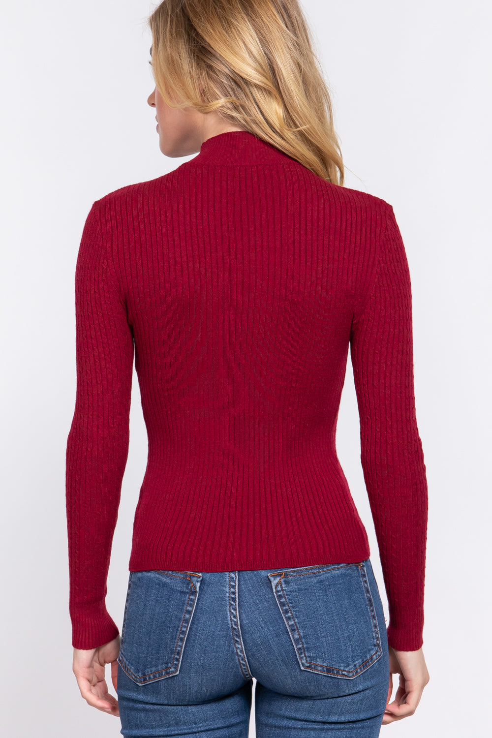 Women's Long Sleeve Mock Neck Rib Soft Sweater - Wine