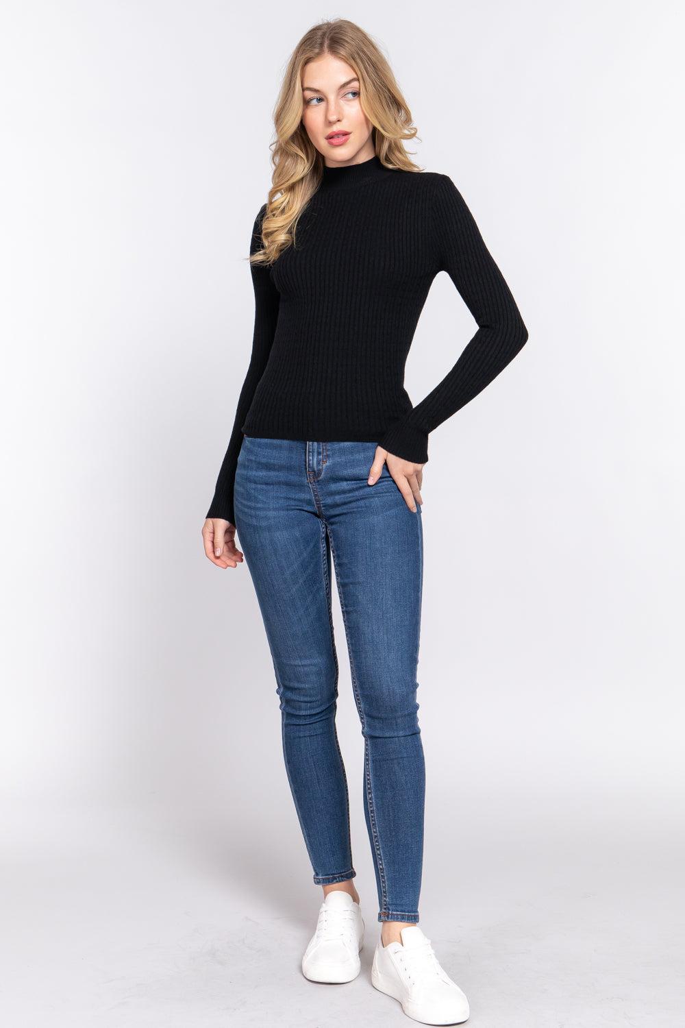 Women's Long Sleeve Mock Neck Rib Soft Sweater - Black