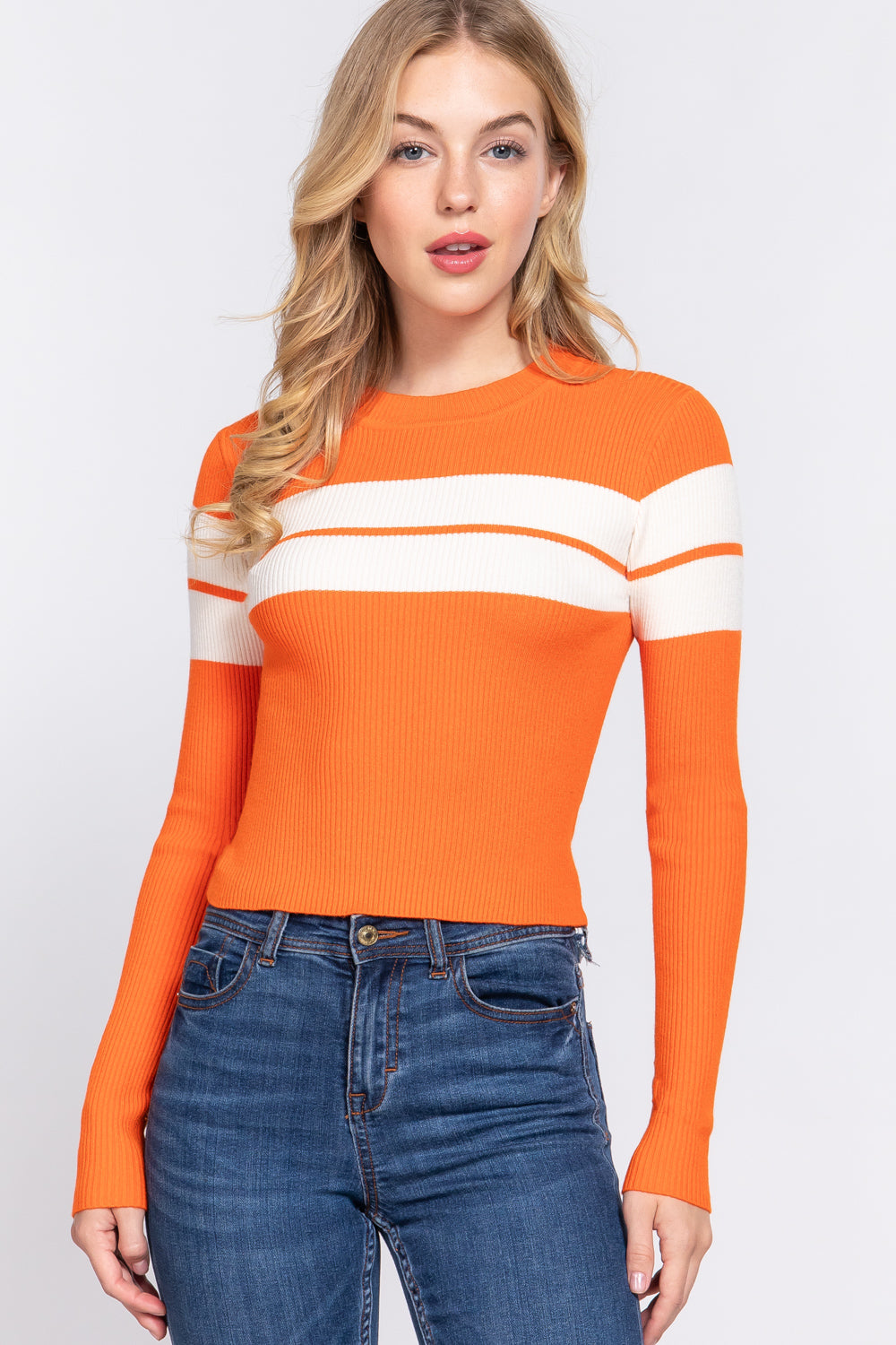 Women's Long Sleeve Mock Neck Crop Soft Fitted Stripe Rib Sweater