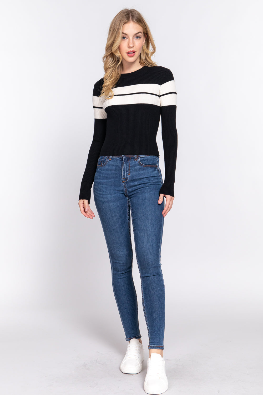 Women's Long Sleeve Mock Neck Crop Soft Fitted Stripe Rib Sweater