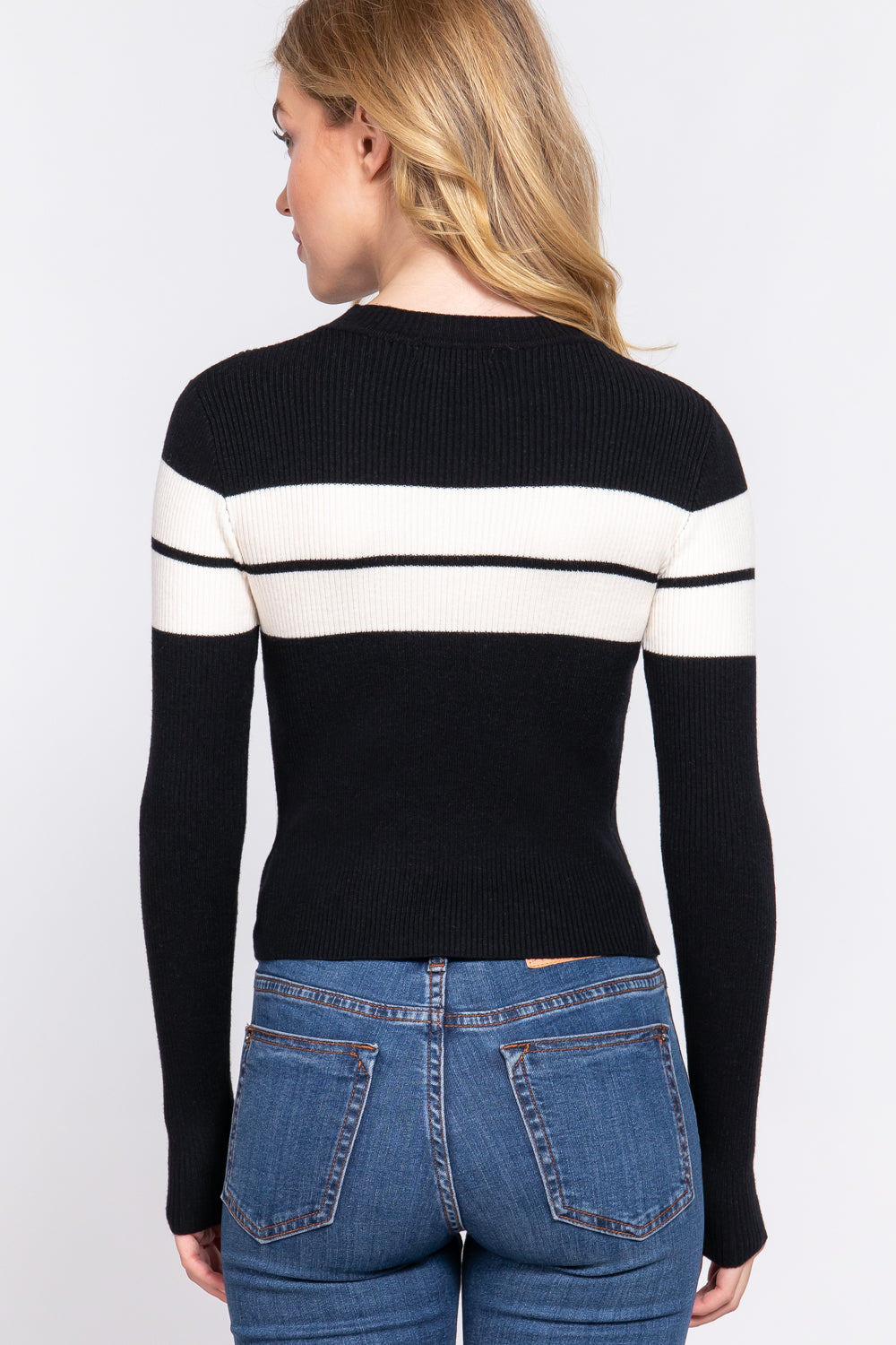 Women's Long Sleeve Mock Neck Crop Soft Fitted Stripe Rib Sweater