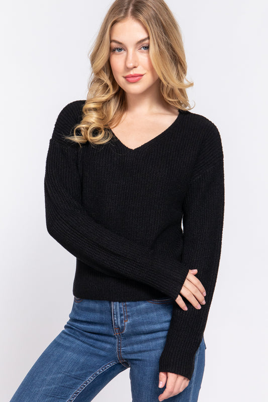 Women's Dolman Long Sleeve V-neck Strappy Open Back Soft Sweater - Black