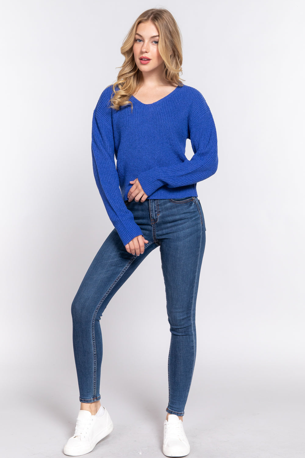 Women's Dolman Long Sleeve V-neck Strappy Open Back Soft Sweater - Blue