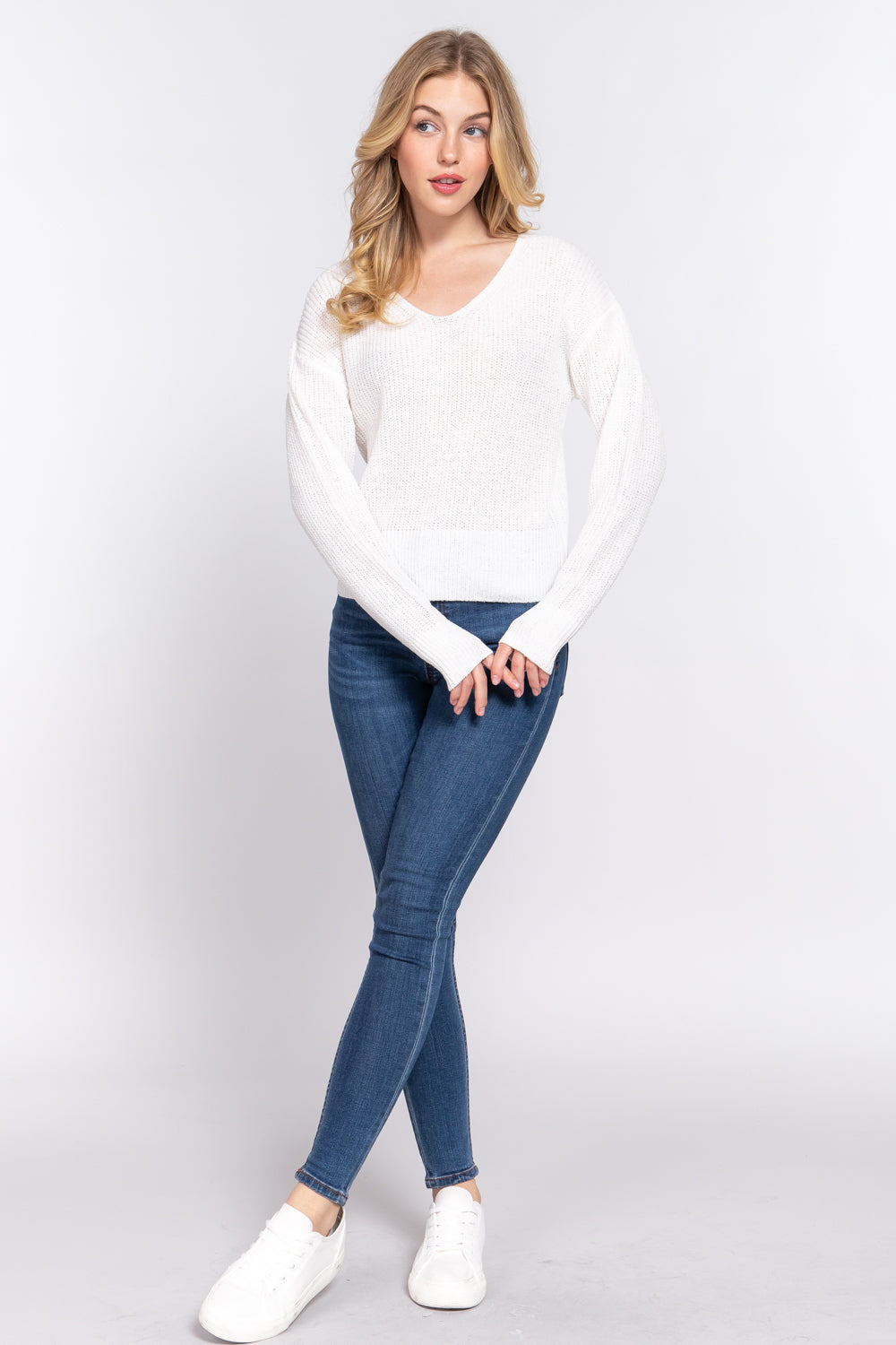 Women's Dolman Long Sleeve V-neck Strappy Open Back Soft Sweater - Off White