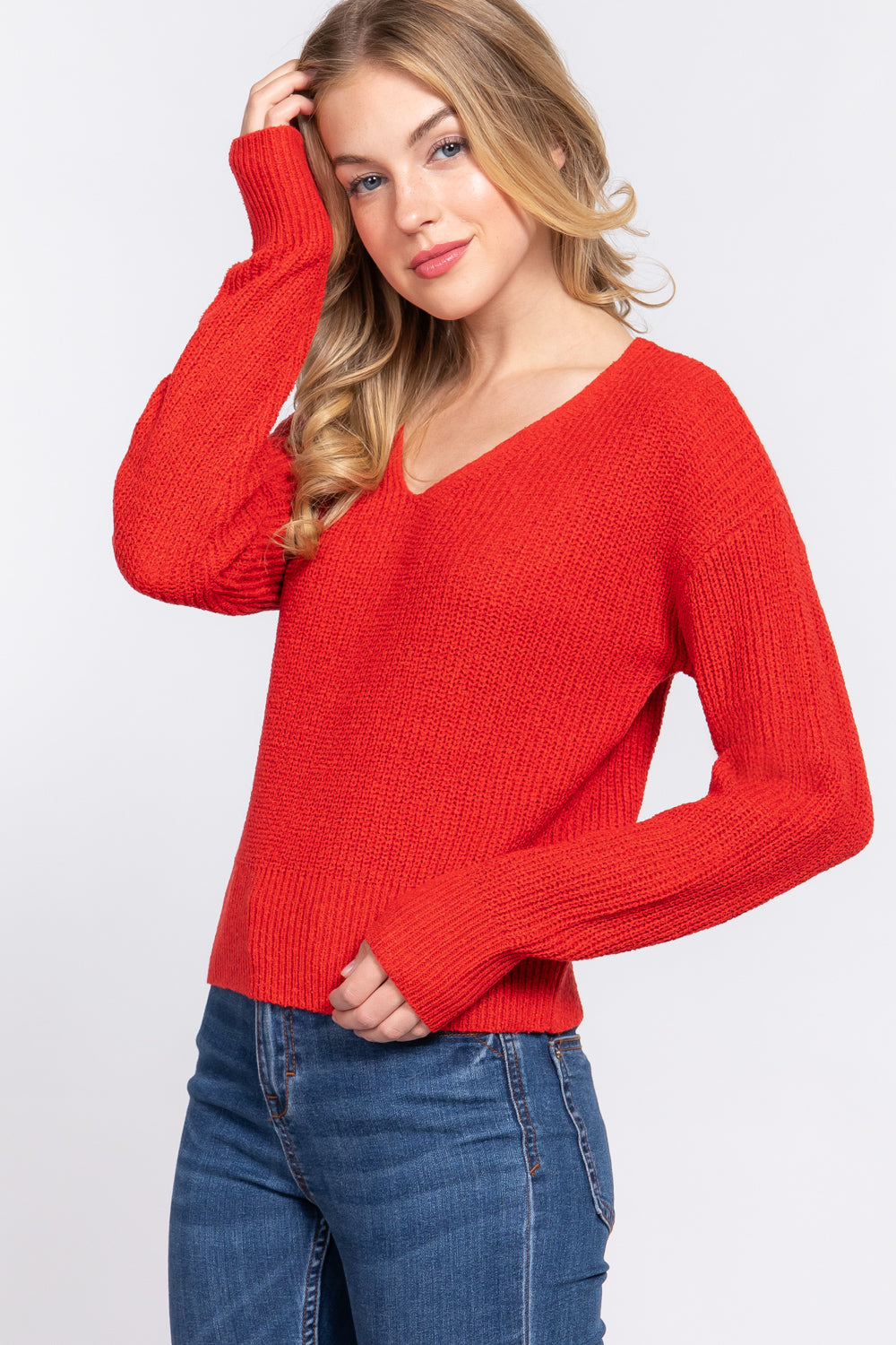 Women's Dolman Long Sleeve V-neck Strappy Open Back Soft Sweater - Orange