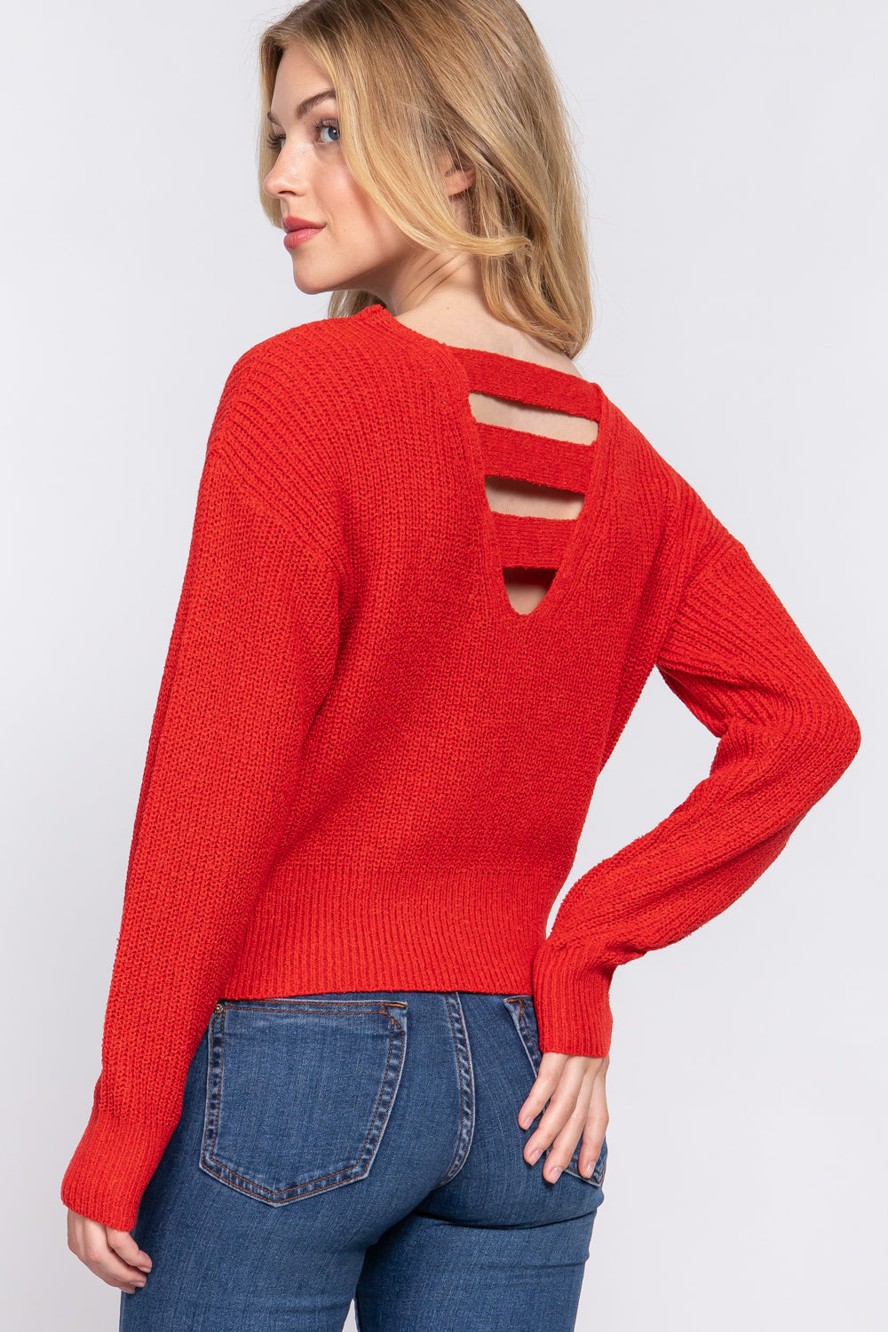 Women's Dolman Long Sleeve V-neck Strappy Open Back Soft Sweater - Orange