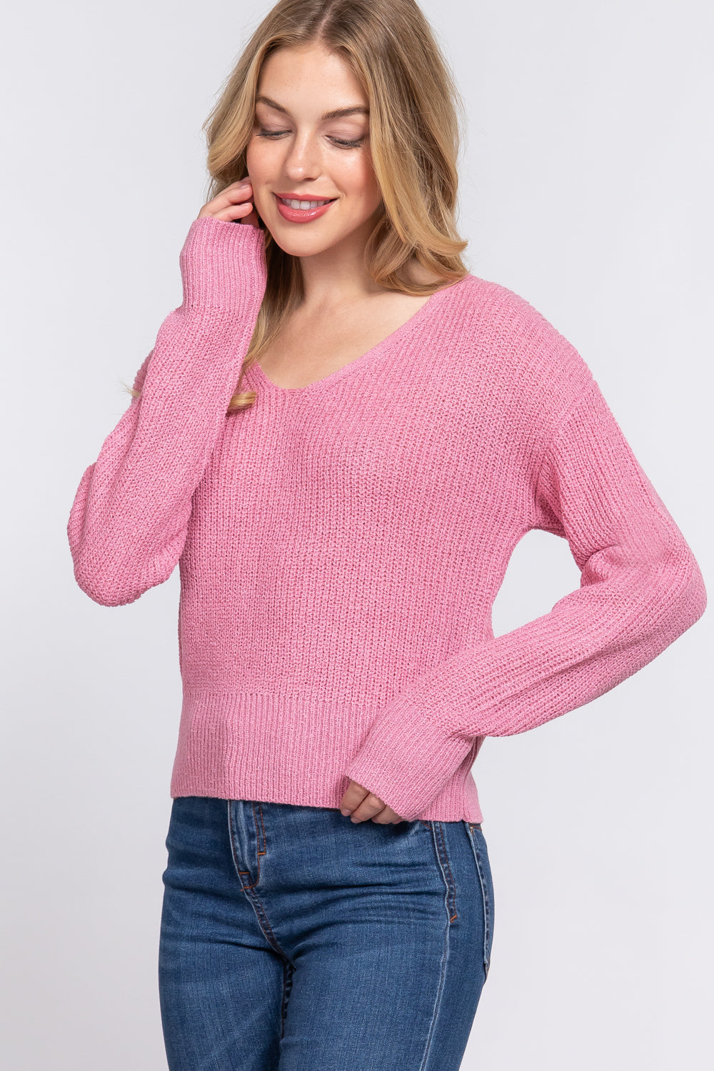 Women's Dolman Long Sleeve V-neck Strappy Open Back Soft Sweater - Pink