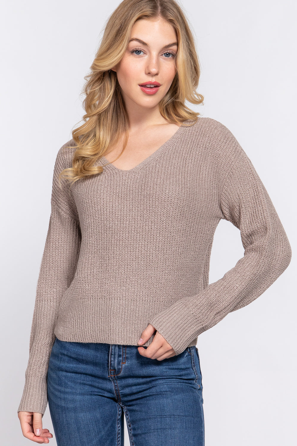 Women's Dolman Long Sleeve V-neck Strappy Open Back Soft Sweater - Taupe