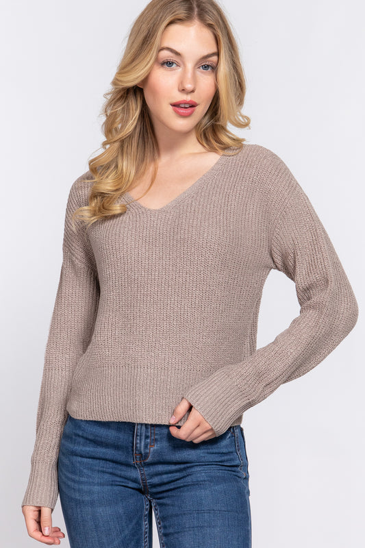 Women's Dolman Long Sleeve V-neck Strappy Open Back Soft Sweater - Taupe