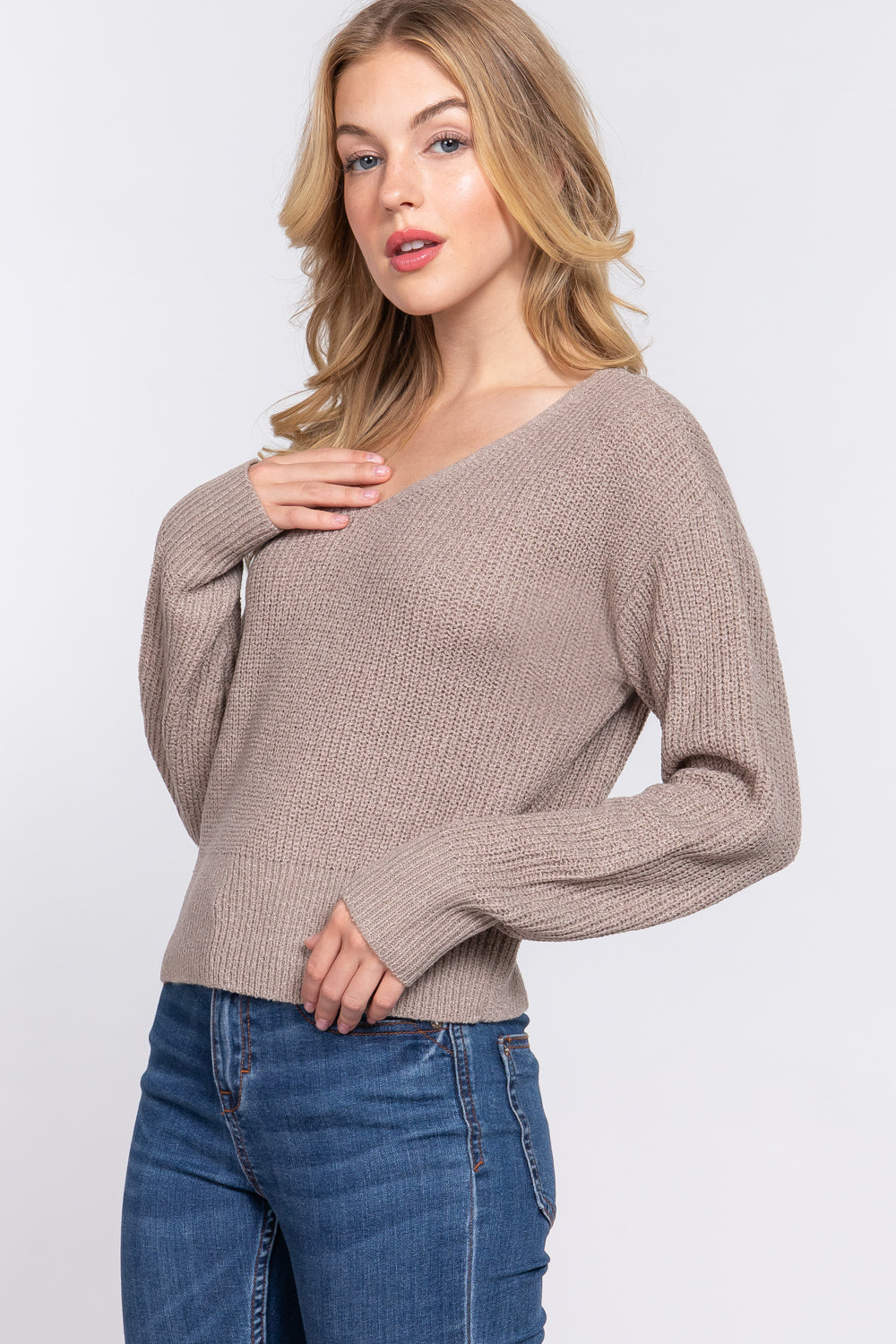 Women's Dolman Long Sleeve V-neck Strappy Open Back Soft Sweater - Taupe