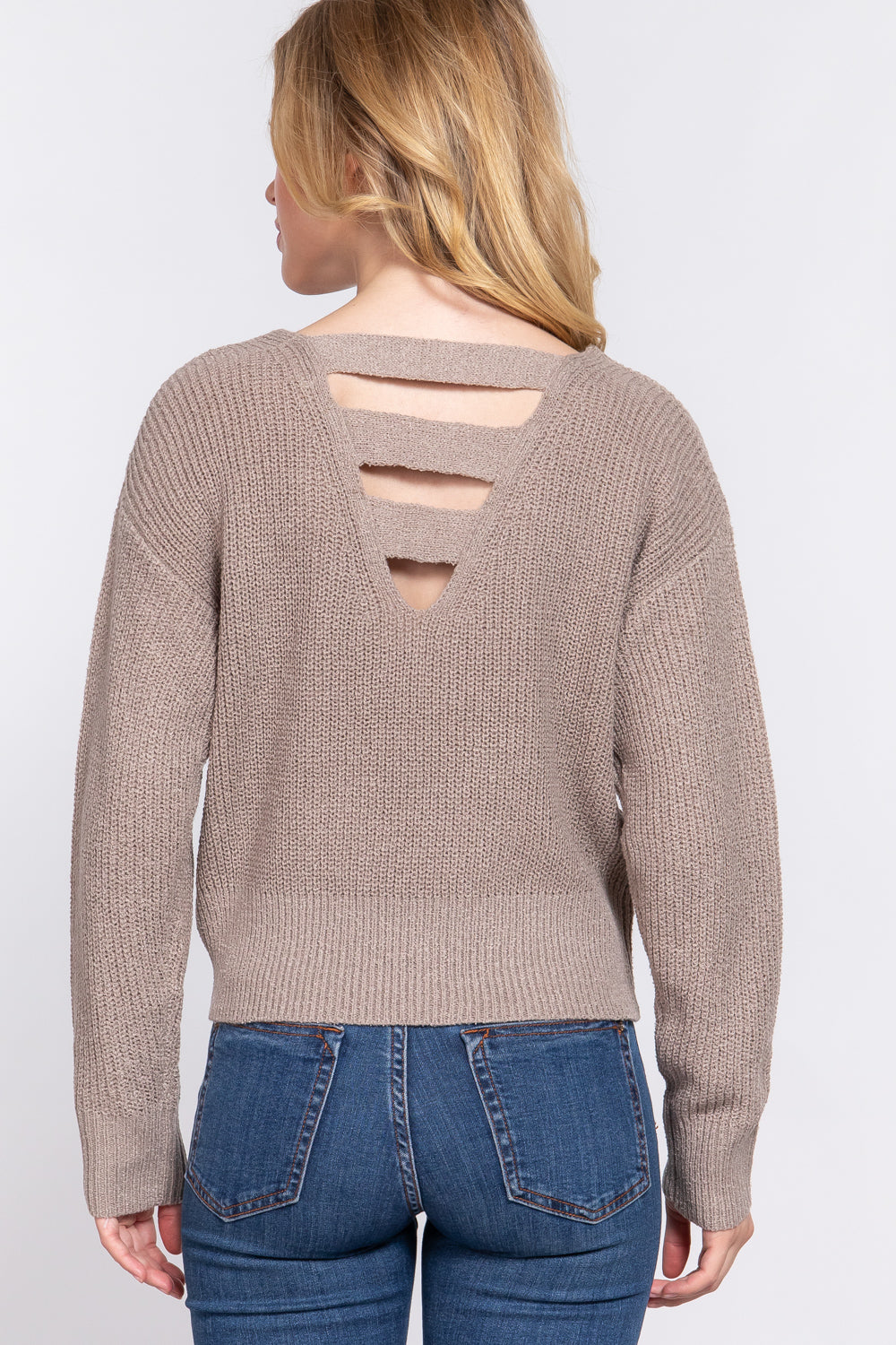 Women's Dolman Long Sleeve V-neck Strappy Open Back Soft Sweater - Taupe