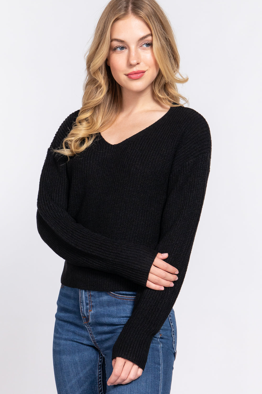 Women's Dolman Long Sleeve V-neck Strappy Open Back Soft Sweater - Black