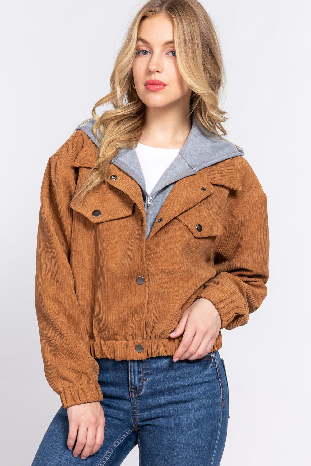 Women's Long Sleeve Inside Hoodie Corduroy Jacket Cropped Cozy Coat