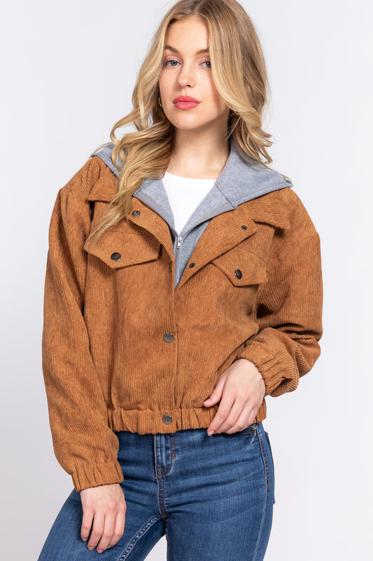 Women's Long Sleeve Inside Hoodie Corduroy Jacket Cropped Cozy Coat