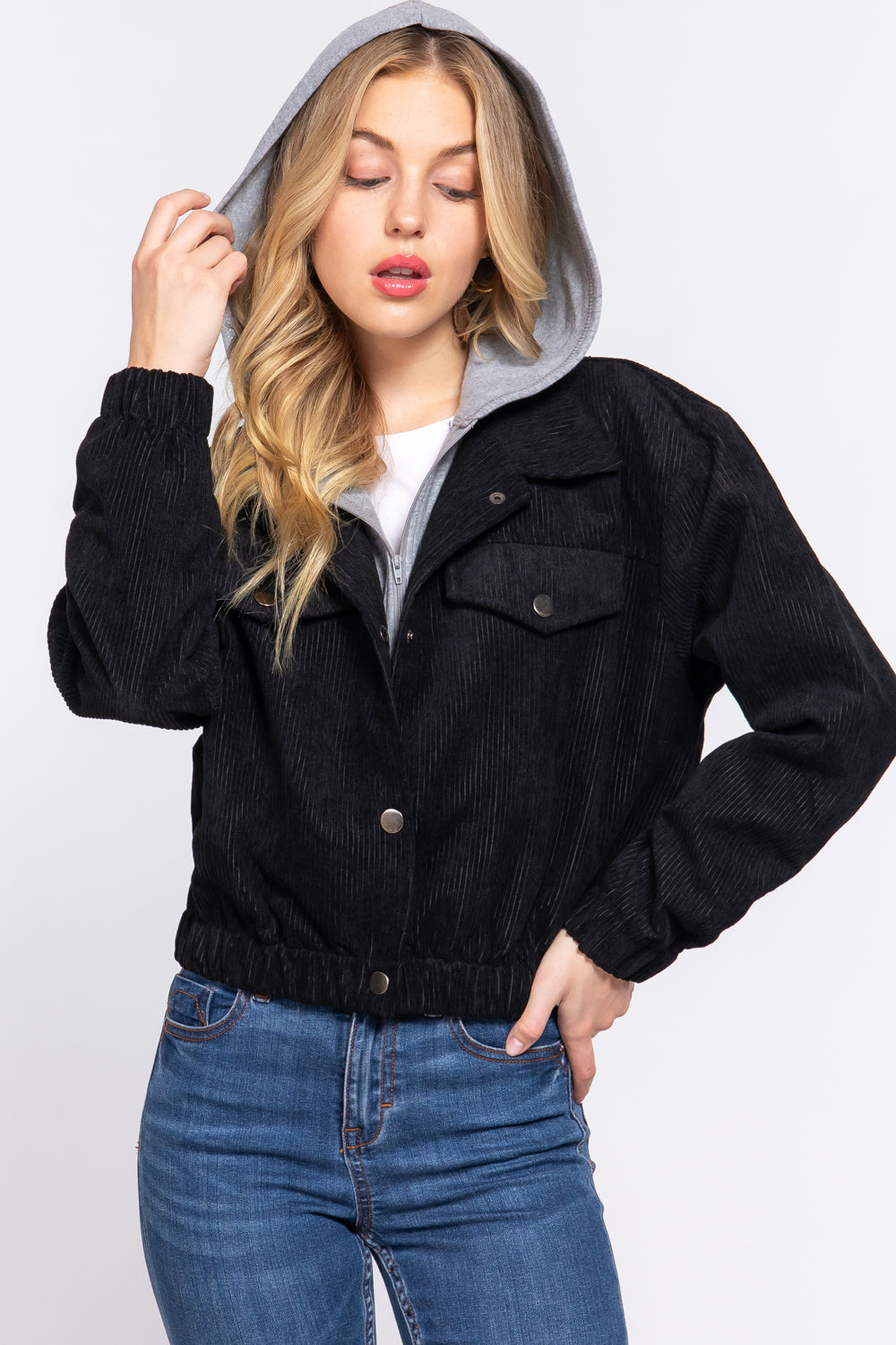 Women's Long Sleeve Inside Hoodie Corduroy Jacket Cropped Cozy Coat