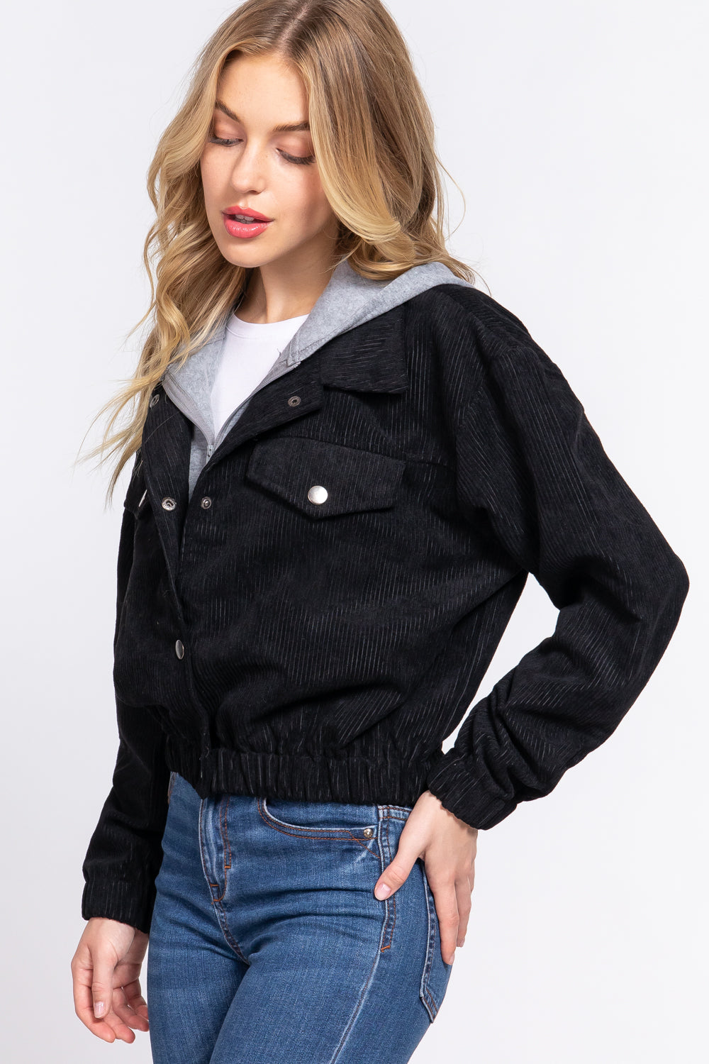 Women's Long Sleeve Inside Hoodie Corduroy Jacket Cropped Cozy Coat