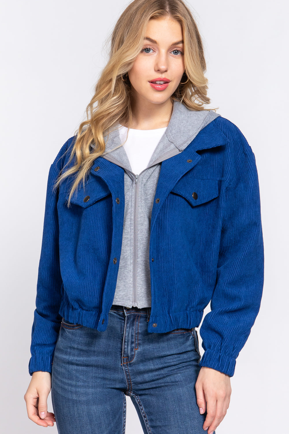 Women's Long Sleeve Inside Hoodie Corduroy Jacket Cropped Cozy Coat