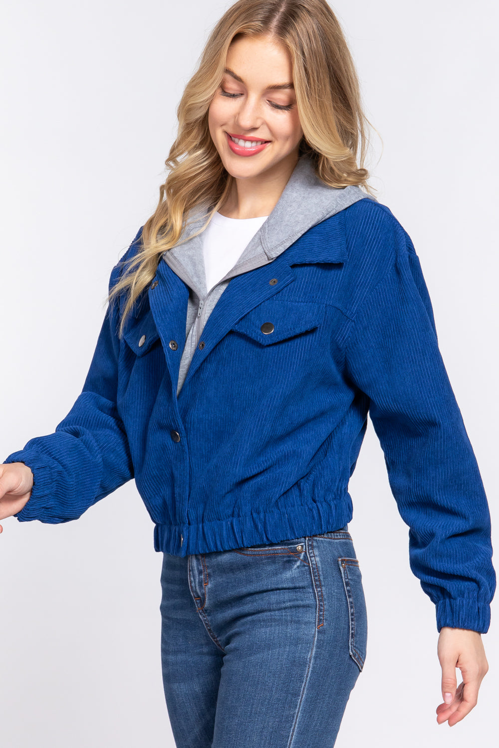 Women's Long Sleeve Inside Hoodie Corduroy Jacket Cropped Cozy Coat