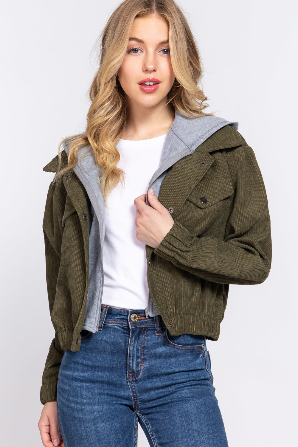 Women's Long Sleeve Inside Hoodie Corduroy Jacket Cropped Cozy Coat