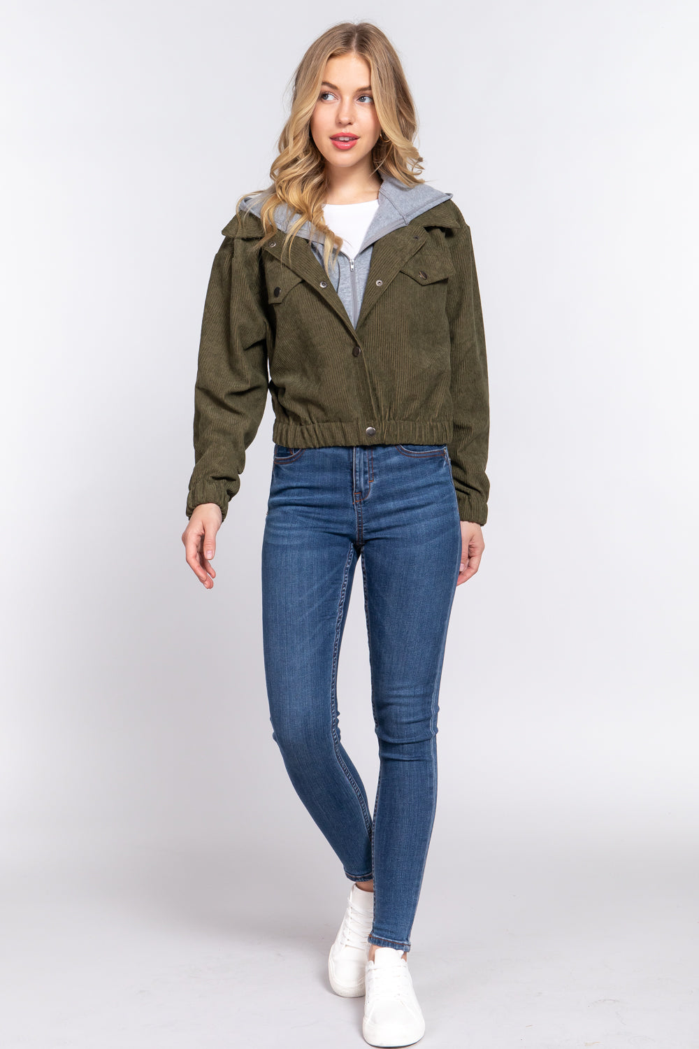 Women's Long Sleeve Inside Hoodie Corduroy Jacket Cropped Cozy Coat