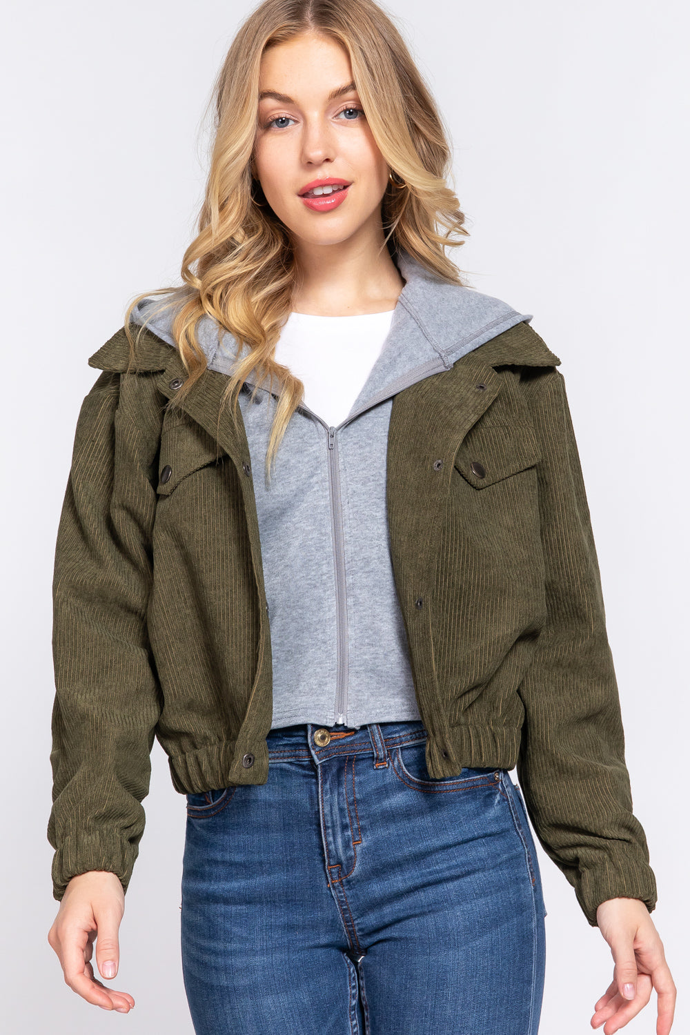 Women's Long Sleeve Inside Hoodie Corduroy Jacket Cropped Cozy Coat