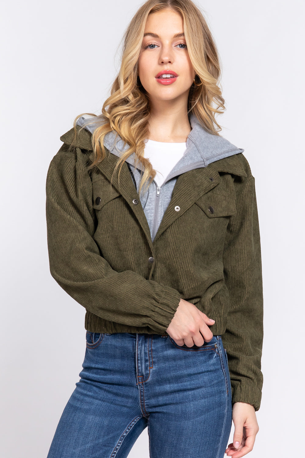 Women's Long Sleeve Inside Hoodie Corduroy Jacket Cropped Cozy Coat