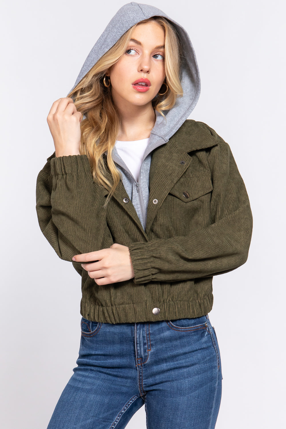 Women's Long Sleeve Inside Hoodie Corduroy Jacket Cropped Cozy Coat