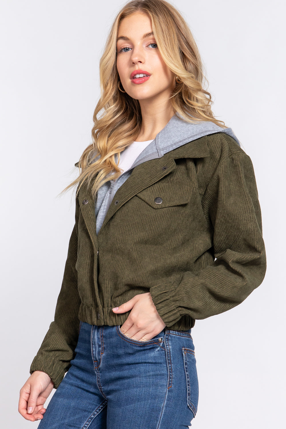 Women's Long Sleeve Inside Hoodie Corduroy Jacket Cropped Cozy Coat