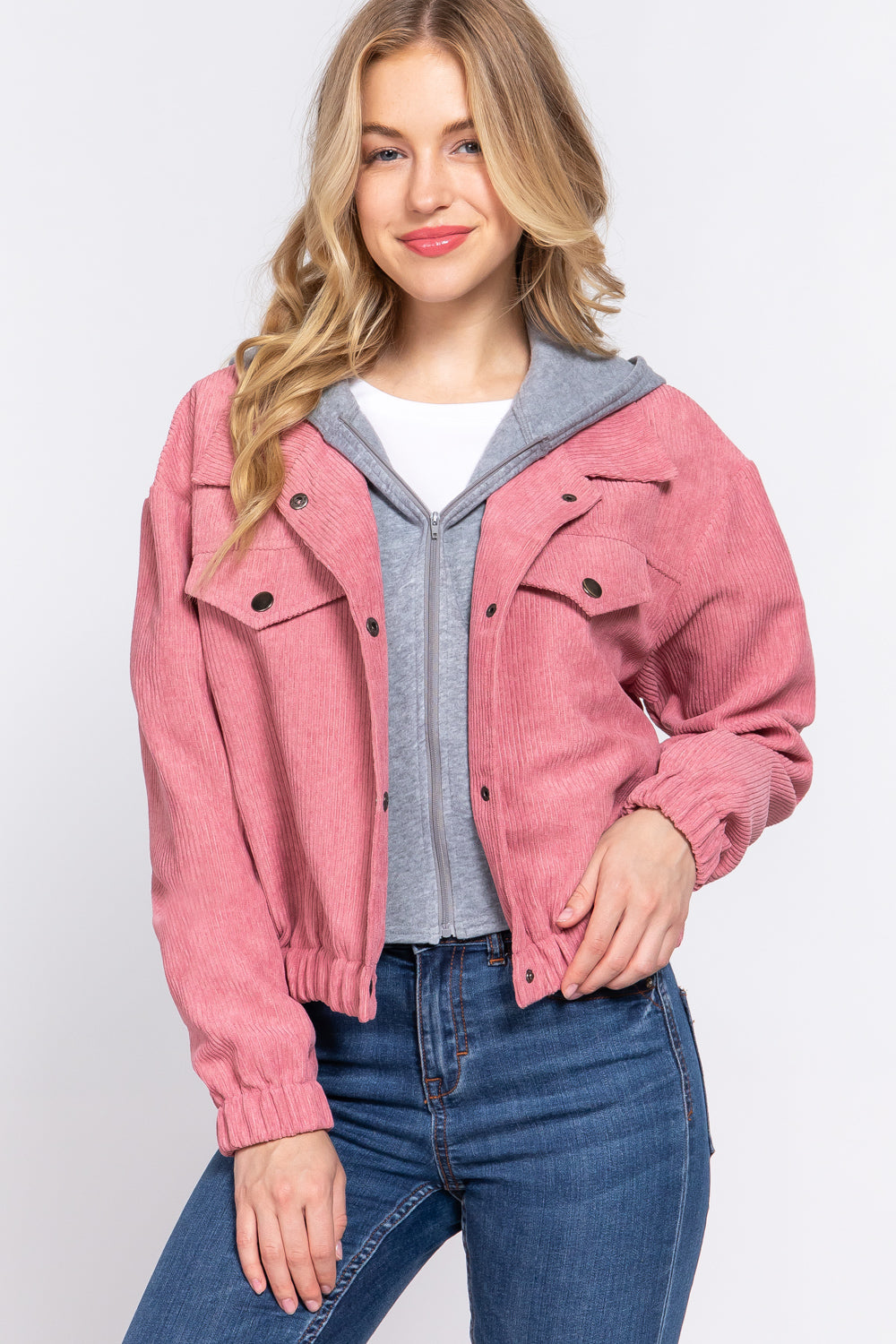Women's Long Sleeve Inside Hoodie Corduroy Jacket Cropped Cozy Coat