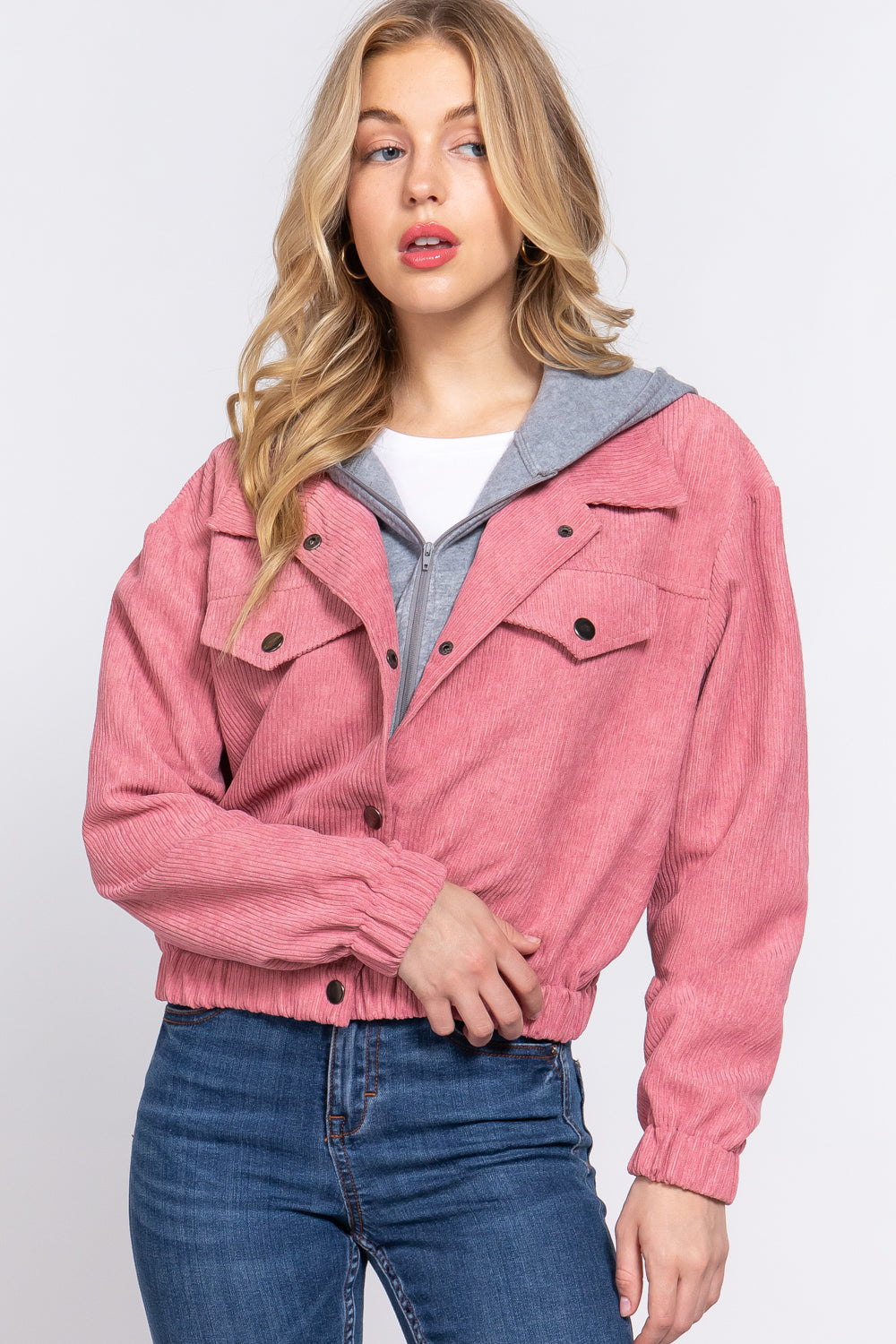 Women's Long Sleeve Inside Hoodie Corduroy Jacket Cropped Cozy Coat