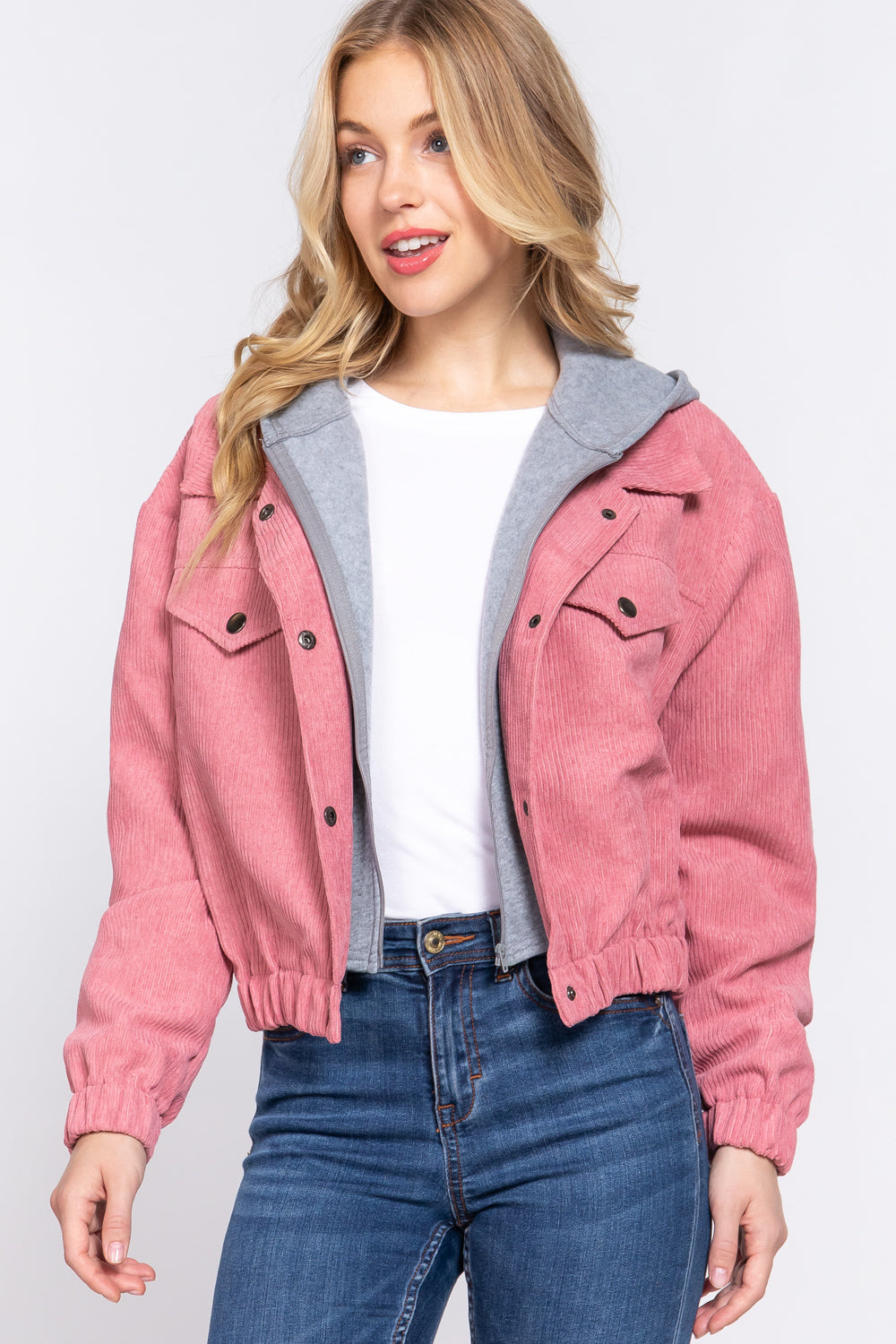 Women's Long Sleeve Inside Hoodie Corduroy Jacket Cropped Cozy Coat