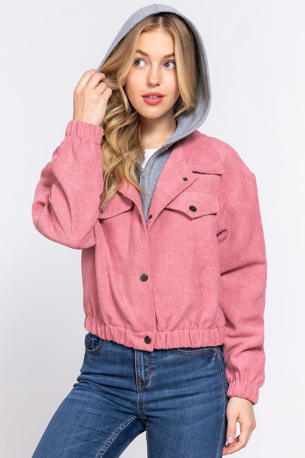 Women's Long Sleeve Inside Hoodie Corduroy Jacket Cropped Cozy Coat