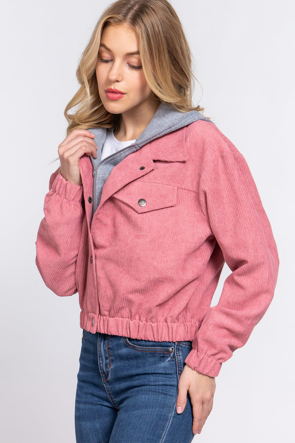 Women's Long Sleeve Inside Hoodie Corduroy Jacket Cropped Cozy Coat