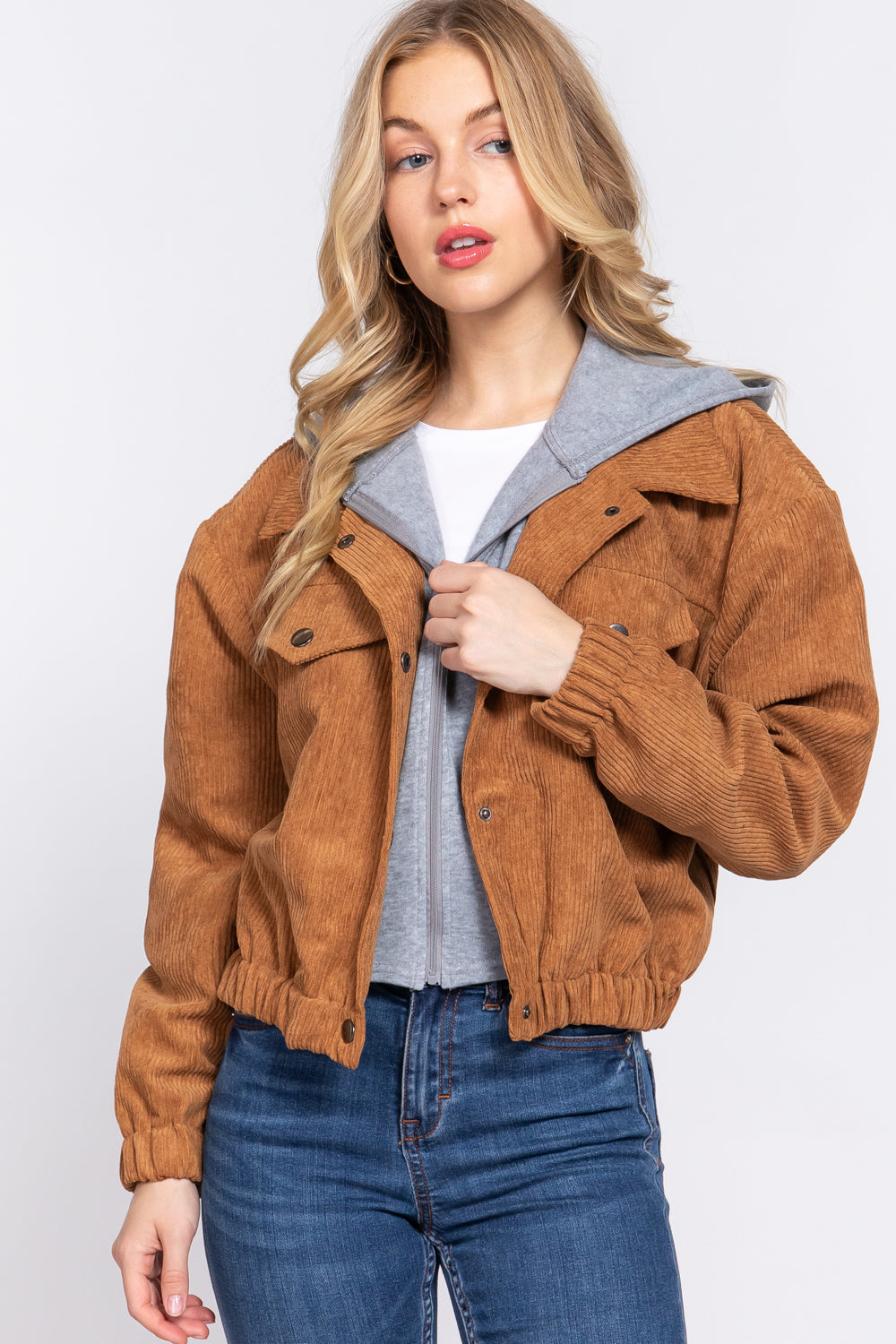 Women's Long Sleeve Inside Hoodie Corduroy Jacket Cropped Cozy Coat